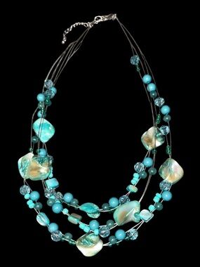 Multi-Strand Turquoise Glass & Shell Bead Necklace -